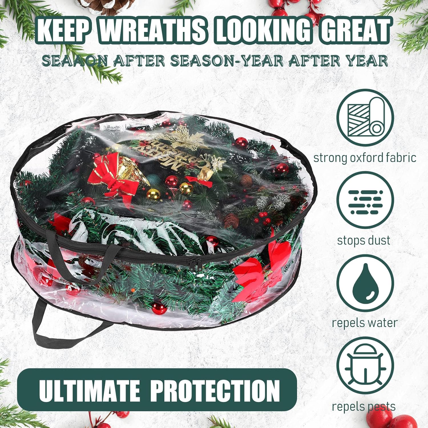 Shappy 24-Inch Clear Christmas Wreath Storage Bag - Durable Plastic with Dual Zippers & Reinforced Handles