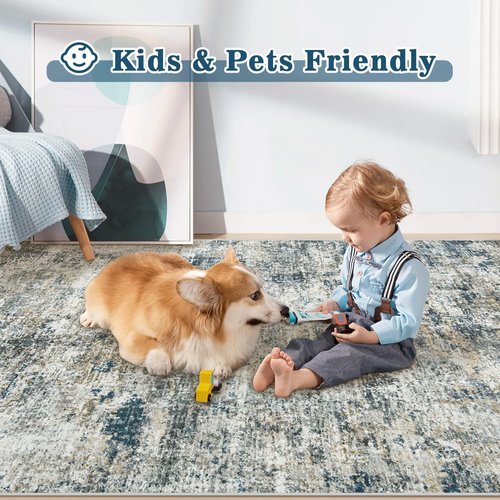 8x10 Washable Area Rug for Living Room: Modern Abstract Rugs Soft Non-Slip Low-Pile Indoor Floor Carpet for Bedroom, Dining Room, Nursery (BlueGreyBrown, 8'x10')