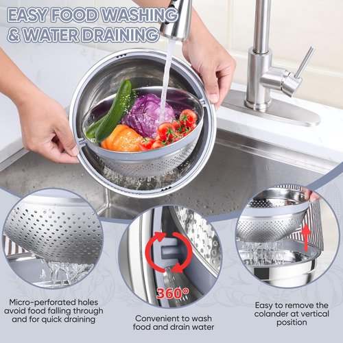 TeamFar 4-1 Colander with Bowl Set, Rotatable Colander for Kitchen, Stainless Steel Food Strainers and Colanders Mixing Bowl with Graters, for Veggies Fruits Washing, Pasta Straining - Black