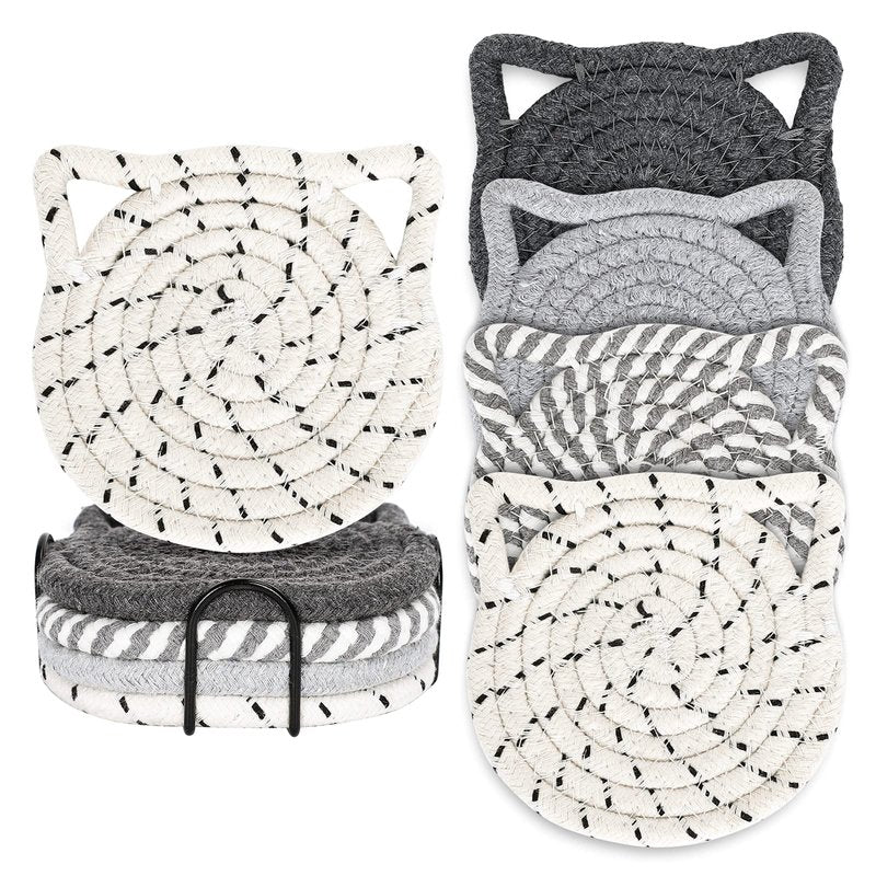 Whaline Cat Ears Coaster Set Cat Ear Shape Handmade Braided Cotton Coasters White Grey Non-Slip Absorbent Drink Coaster with Holder for Winter Christmas Birthday Housewarming Gifts Home Decor, 4Pcs
