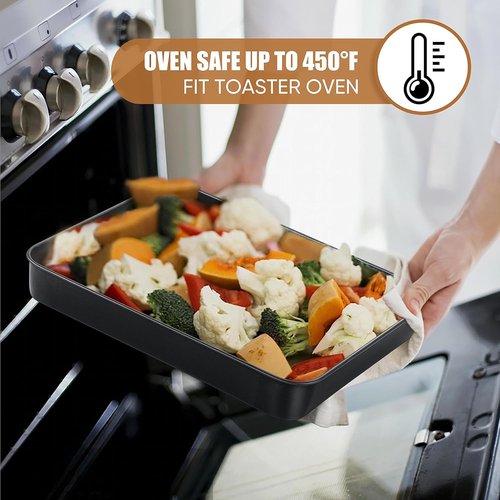 E-far Nonstick Baking Pans Set - 3 Rectangle Stainless Steel Cake Pans for Toaster Oven | 12.5/10.5/9.4 Inch, Black
