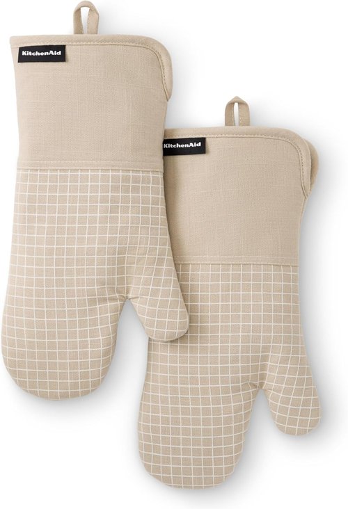KitchenAid Gourmet Series Oven Mitts - Heat Resistant Up to 600°F | Soft Silicone Grip, Milkshake Tan, 2-Pack Set