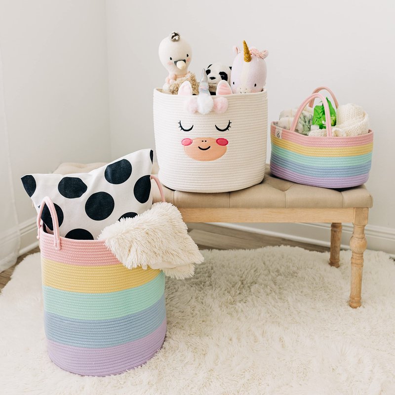 OrganiHaus Pastel Rainbow Nursery Storage Basket, Cotton Rope Toy & Diaper Caddy Organizer with Handles, Baby Diaper Organizer, Foldable Design, Machine Washable, Ideal for Baby Room & Laundry