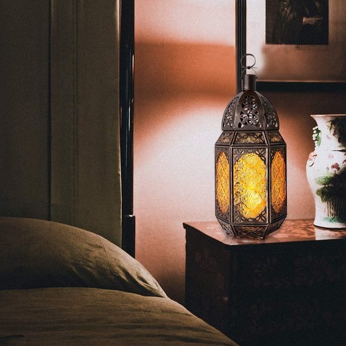 Lewondr Metal Glass Ramadan Candle Lantern - Moroccan Style Portable Hanging Lamp for Home & Garden - Copper & Yellow