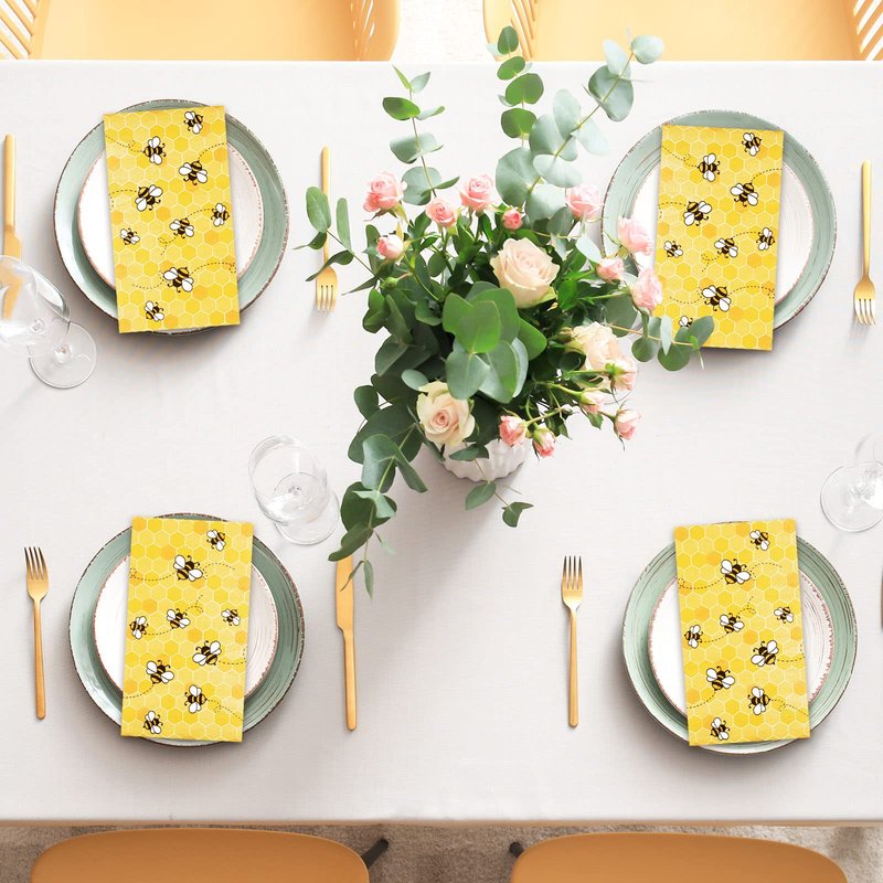 Whaline Bee Guest Napkins 3 Ply Disposable Paper Pack Yellow Honeycomb Dinner Hand Napkin Towel for Happy Bee Day Summer Spring Wedding Birthday Party Table Decorations, 80Pcs