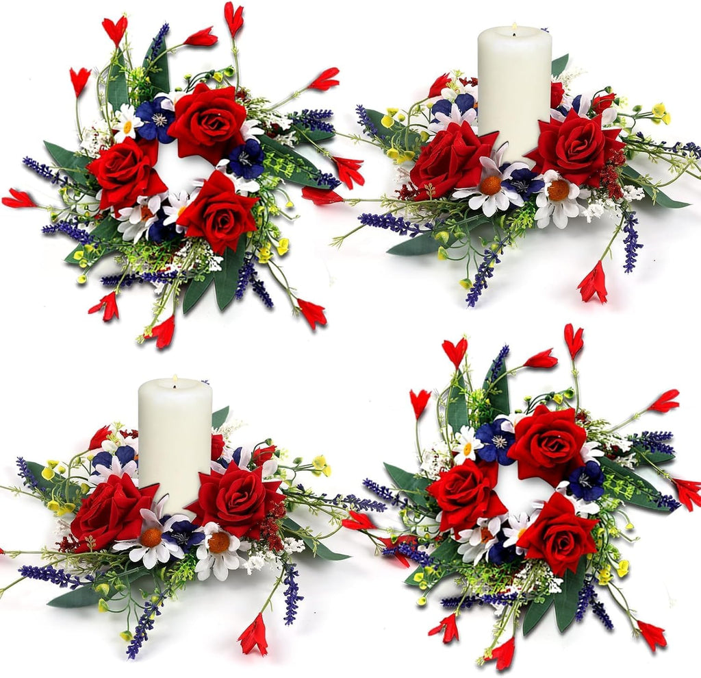 Veterans Day Candle Rings - 4 Pcs Red, White & Blue Mini Floral Wreaths for Patriotic Decor | 3 Inch
