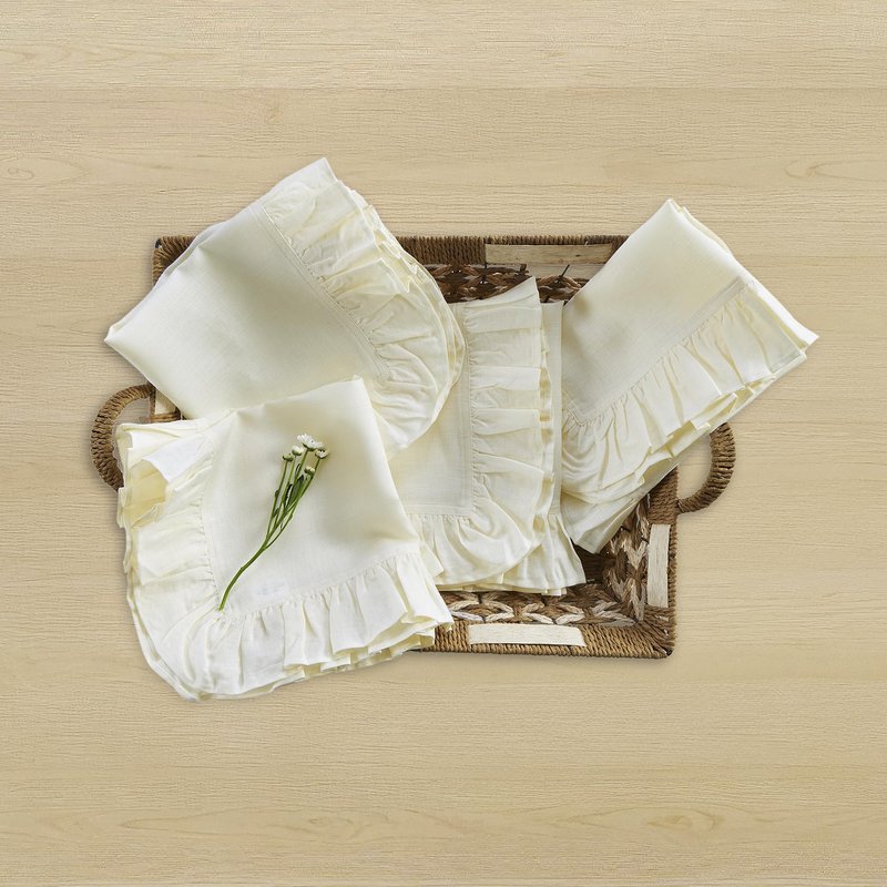 Solino Home Linen Ruffle Cloth Napkins Set of 4-100% Pure Linen Ivory Dinner Napkins 20 x 20 Inch for Spring, Summer, Mothers Day - Gabrielle Ruffle, Handcrafted and Machine Washable