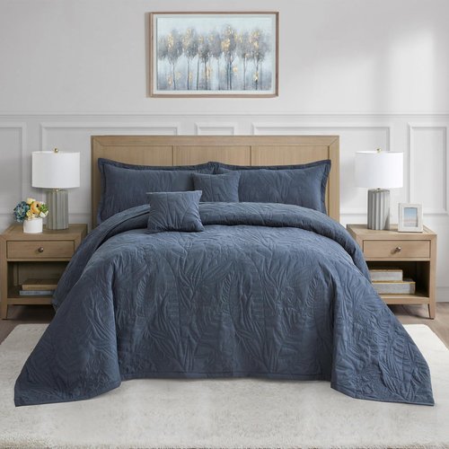HZ & HY Botanical Oversized King Bedspread 128x120 Extra Wide, Leaves Pattern Stitching Quilt Set, Elegant & Fresh Style Bedding Cover, Reversible, Lightweight 5 Piece Set, Navy