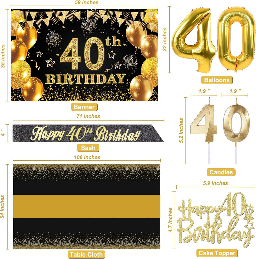 Regine Switzerland 40th Birthday Decorations - Black & Gold Banner, Table Cloth, Balloons & Cake Topper