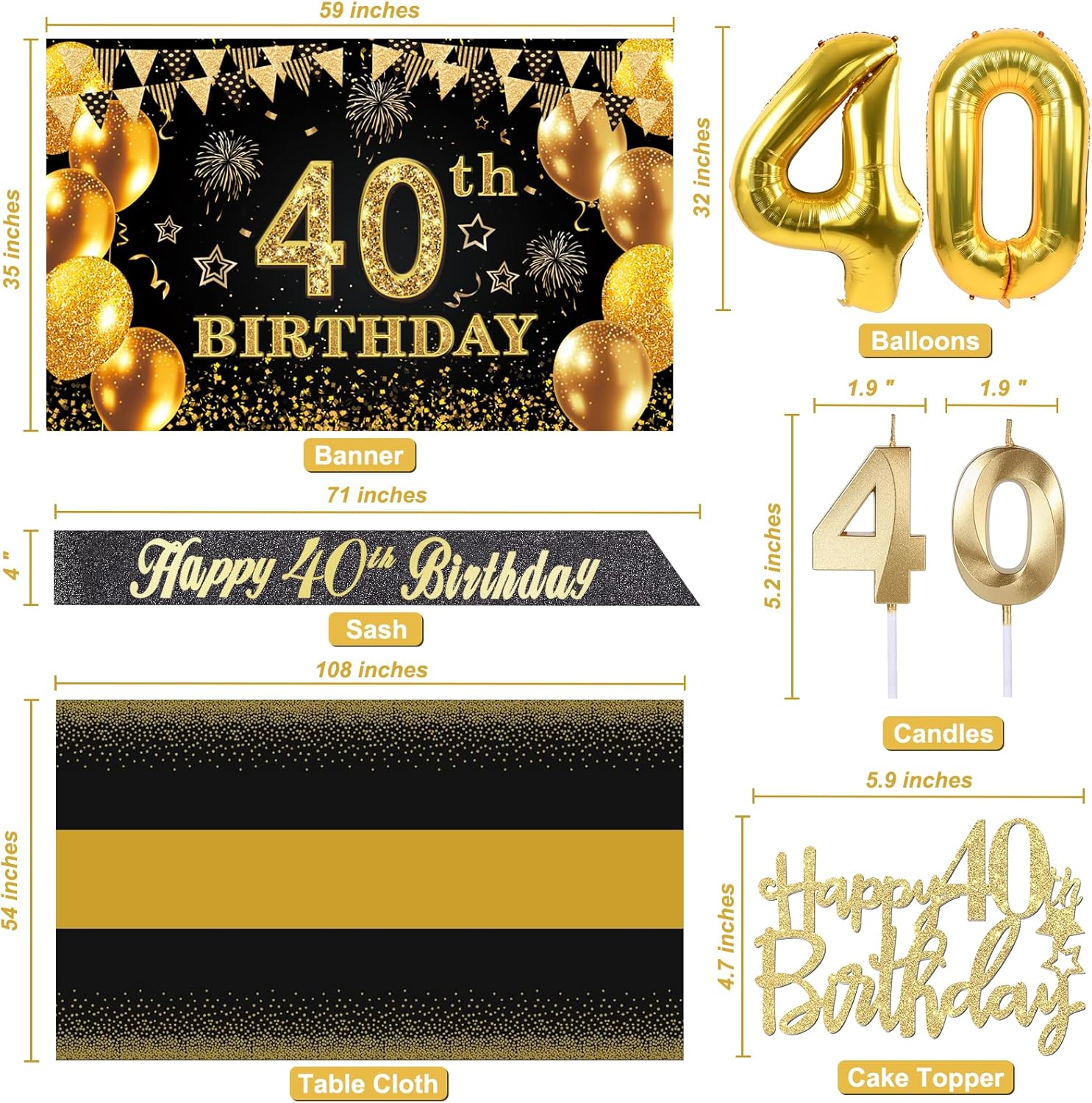 Regine Switzerland 40th Birthday Decorations - Black & Gold Banner, Table Cloth, Balloons & Cake Topper