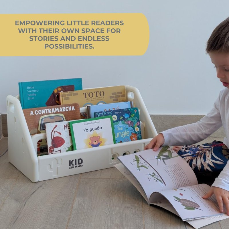 Kid Zen Mama Kids Bookshelf – 3-Tier Montessori Bookcase, Small Storage for Toddlers, Lightweight, BPA-Free HDPE, Rounded Edges, Tool-Free Assembly, Easy to Clean, Perfect for Nursery and Playroom