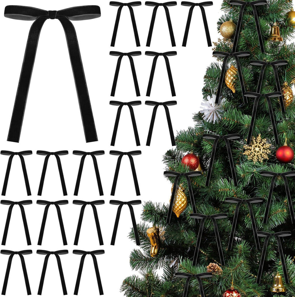Skiennix 24 Pcs Velvet Bows - Vintage Ribbon Bows for Christmas Tree & Crafts | 5 x 7 Inch, Black