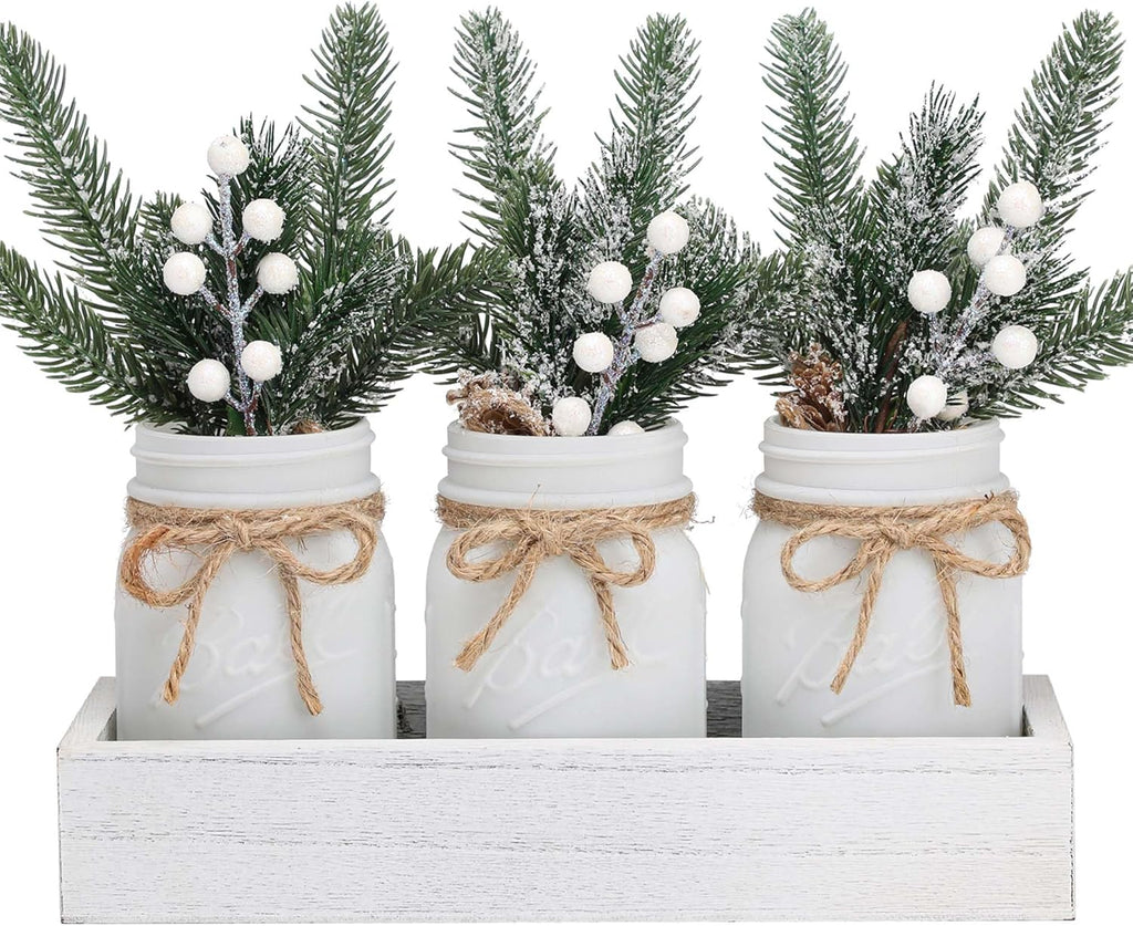 Supreme Lights Christmas Mason Jars - Winter White Decorative Centerpieces for Home Table Decor | Set of 3