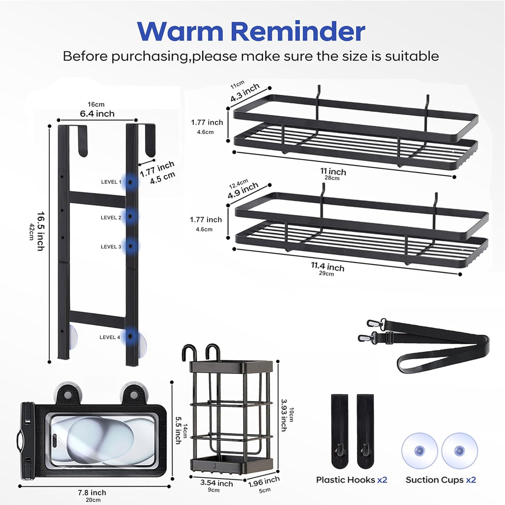 Skiennix Over The Door Shower Caddy - Rustproof 2-Tier Bathroom Organizer with Waterproof Phone Pouch | Black