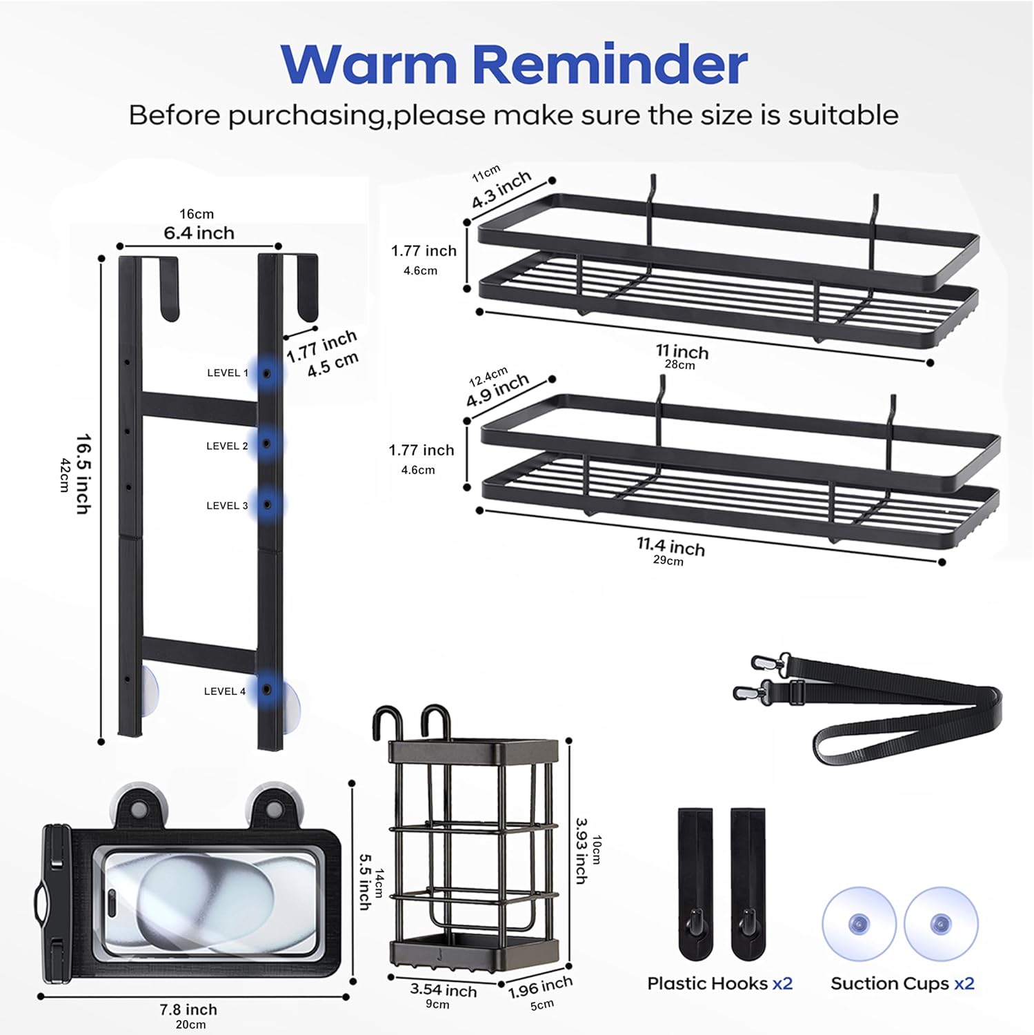 Skiennix Over The Door Shower Caddy - Rustproof 2-Tier Bathroom Organizer with Waterproof Phone Pouch | Black