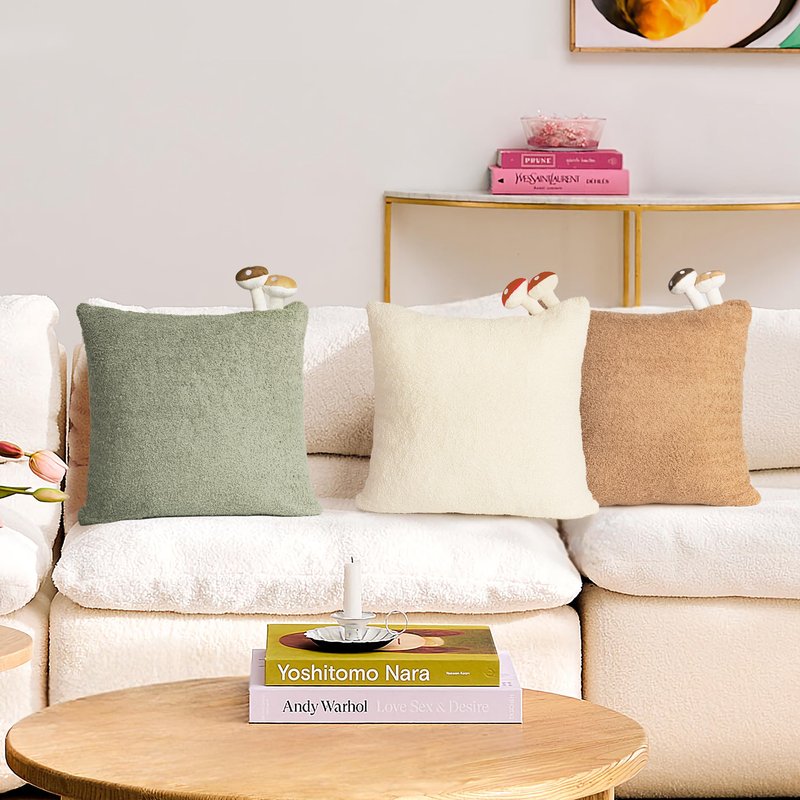 AELS Modern Farmhouse Decorative Mushroom Pillow Covers 18x18 with Two Small Mushroom Plush Sewed in, Cozy Plush Cushion Case for Bed Couch Sofa, Green