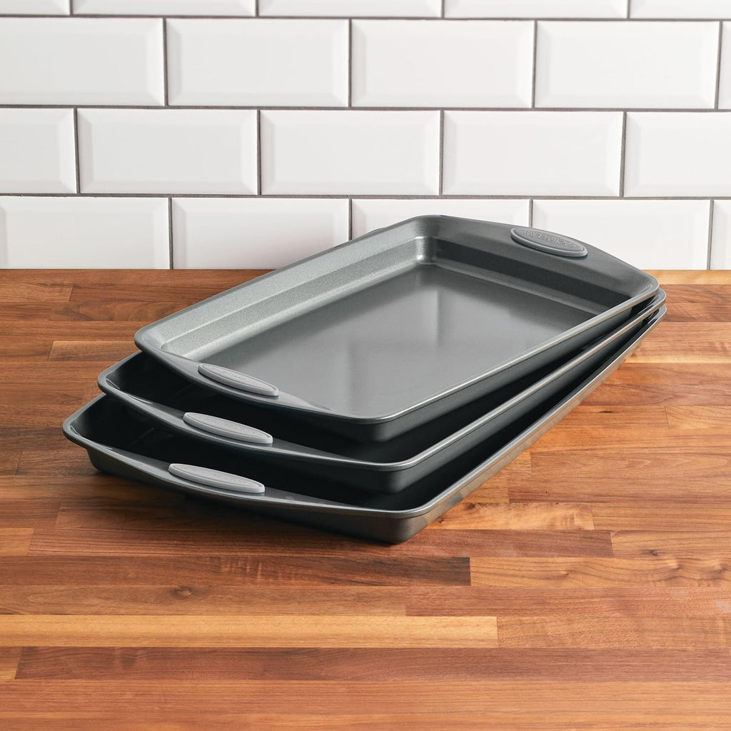 Rachael Ray Nonstick Bakeware Set - 3-Piece Cookie Sheets with Grips in Gray & Sea Salt Gray