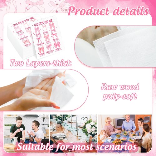 JarThenaAMCS 100Pcs Pink Bow Bible Napkins Jesus Faith Disposable Napkins Scalloped Edge Paper Luncheon Dinner Napkin for Christian Party Table Supplies