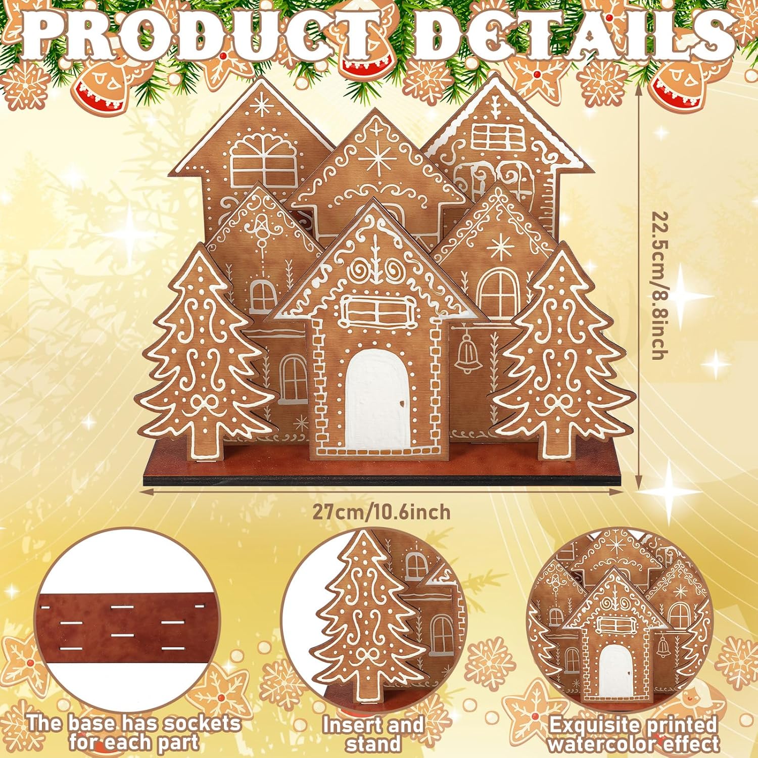 Threehoney Christmas Gingerbread House Table Decorations - 8 Pcs Wooden Centerpiece for Holiday Decor