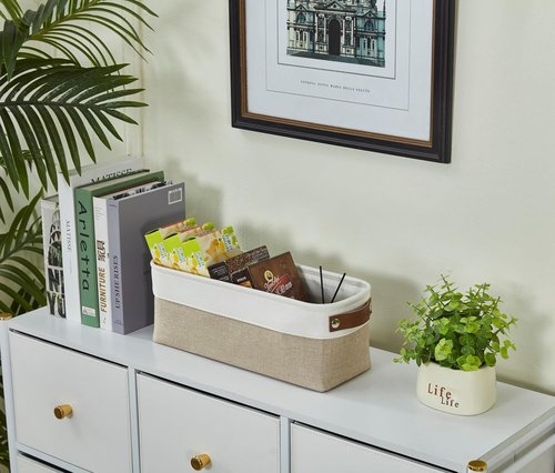 DECOMOMO Narrow Storage Bins - Small Organizing Baskets for Bathroom & Entryway | Beige & White - Set of 4