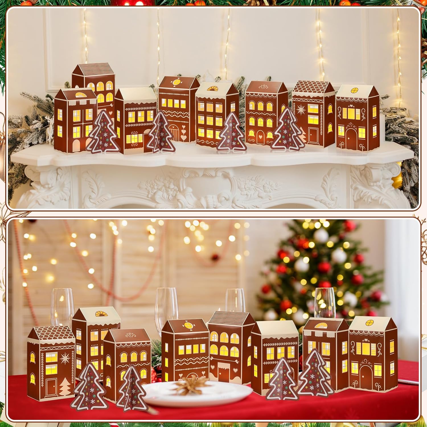 Reallnaive 20 Pcs Large 8" Christmas Cardboard Village Houses Set - DIY LED Candle Decor | Gingerbread Brown