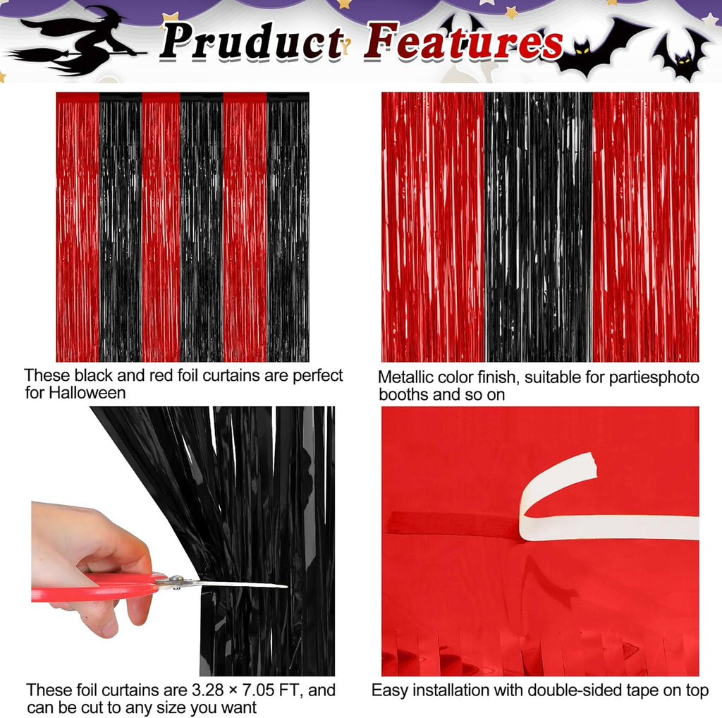 Regine Switzerland 4 Pack Halloween Wall Backdrop - 3.28 FT x 7.05 FT Red & Black Metallic Tinsel Curtains | Casino Theme Party Decor