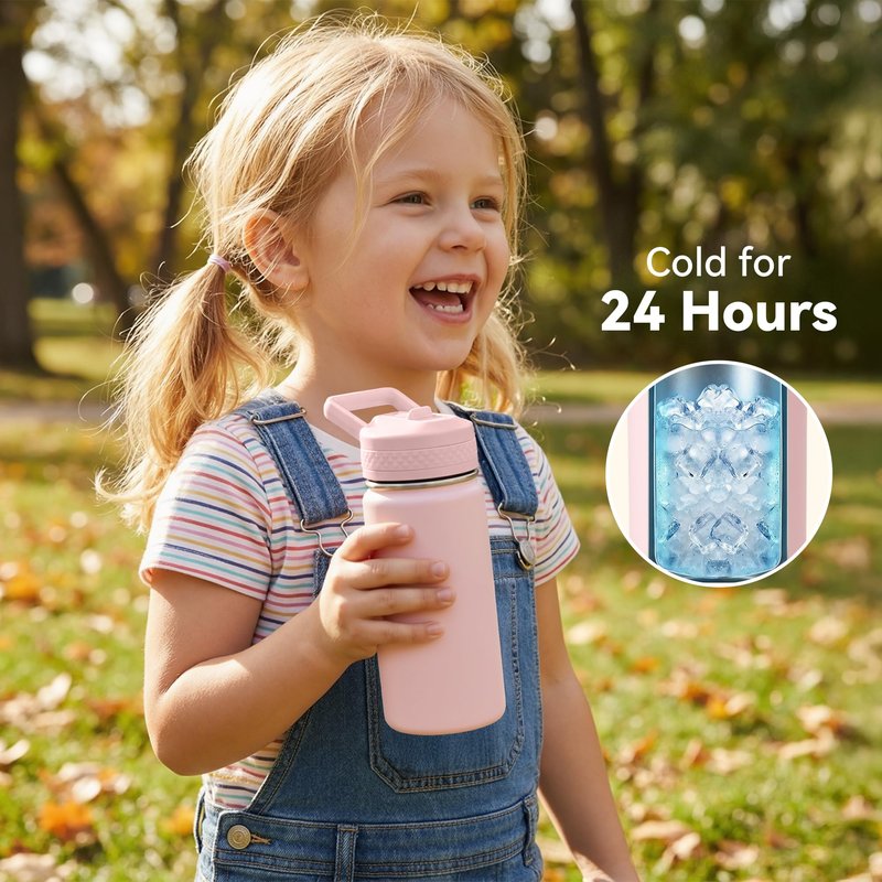 Fijinhom 12 oz Kids Water Bottle, Toddler Water Bottle with Straw, Boys&Girls Bottle for School, 304 Stainless Steel Vacuum Insulated Bottle for Kids, BPA-Free, Leak-Proof, Lilac