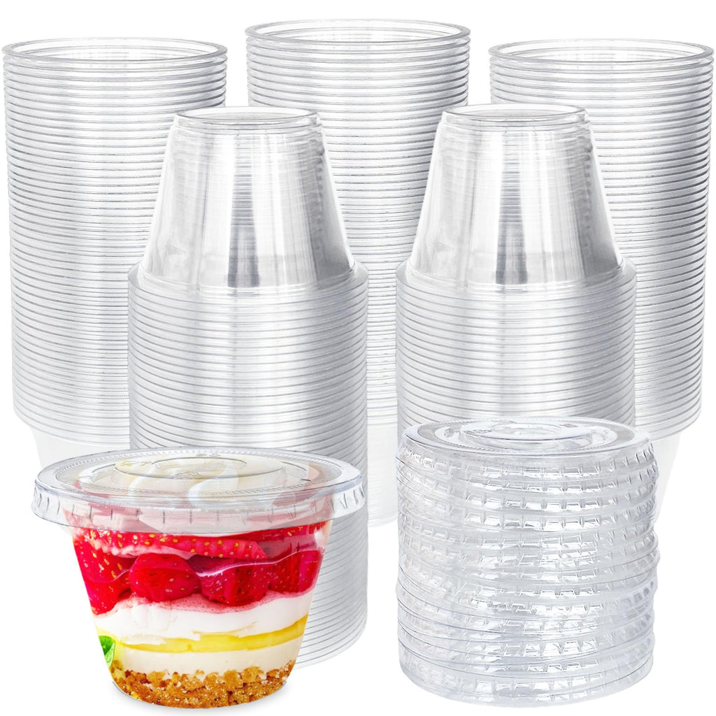 Tiaiidi 100 Pack 6 oz Clear Plastic Cups,Disposable Parfait Cups with Flat Lids(No Hole),Party Dessert Cups for Cold Drinks,Fruit,Cupcake,Ice Cream,Snack