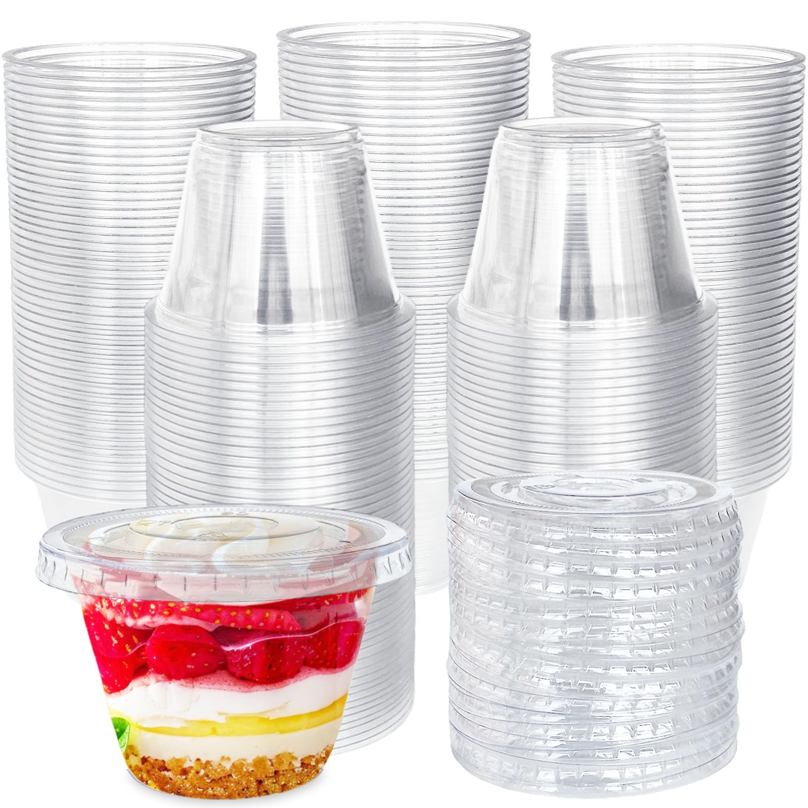 Tiaiidi 100 Pack 6 oz Clear Plastic Cups,Disposable Parfait Cups with Flat Lids(No Hole),Party Dessert Cups for Cold Drinks,Fruit,Cupcake,Ice Cream,Snack