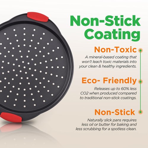 Nutrichef Non-Stick Pizza Tray with Silicone Handles, 6-Pack Round Steel Non-Stick Pans with Perforated Holes, Premium Bakeware, Pizza Trays with Silicone and Oversized Handles, Dishwasher Safe