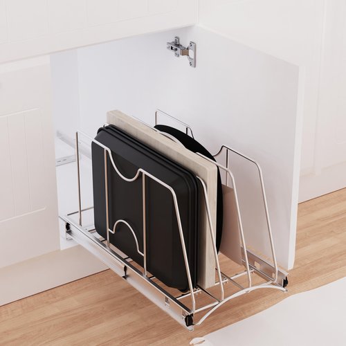 STORKING Pull Out Cookie Sheet Organizer for Cabinet, Pan and Pot Rack, Cutting Board Organizer Rack, Baking Tray Organizer for Cabinet, Adjustable Divider Width, 11" W x 22" D x 11.8" H, Chrome