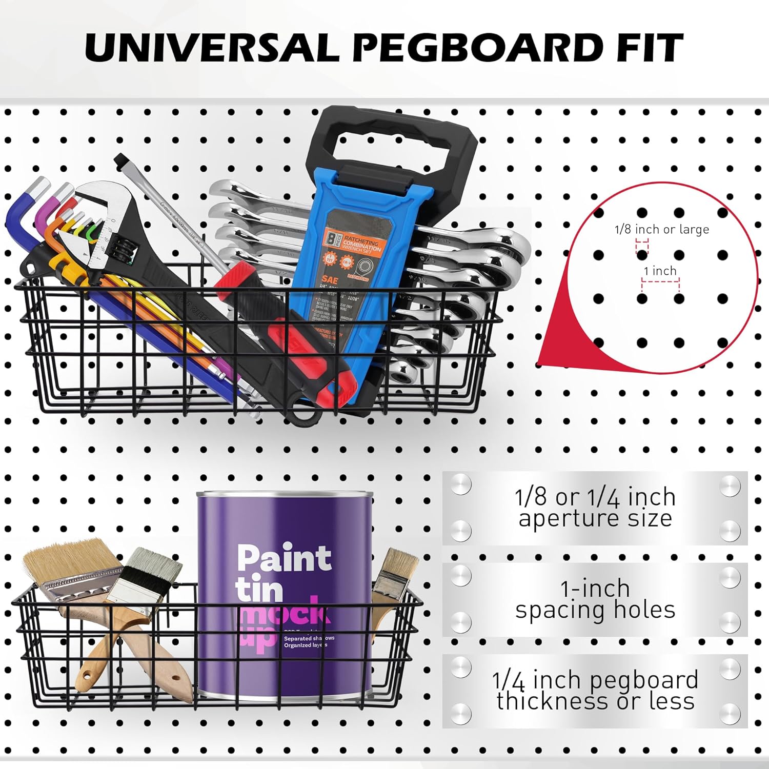 Premium Black Metal Wire Baskets by Pegboard - Heavy-Duty 5-Piece Organizer Set for Garage & Craft Room