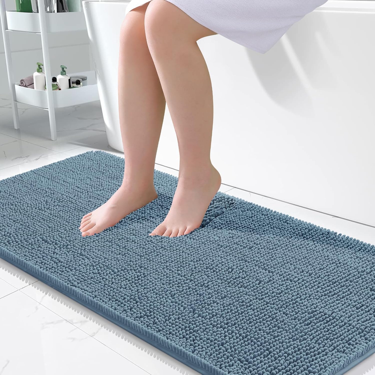 OLANLY Bathroom Runner Rugs - Soft Absorbent Chenille Bath Mat with Rubber Backing | 47x24, Airy Blue