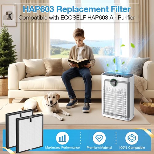 HAP603 Replacement Filter by ECOSELF - Premium Air Purifier Filter for Large Rooms | 4 Pack, White