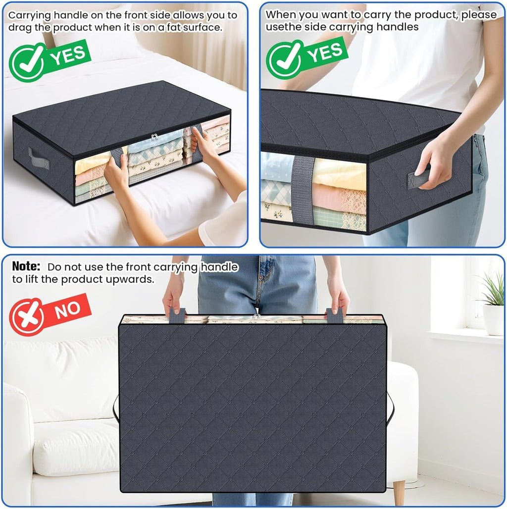 TasticTotes Under Bed Storage Containers - 4 Pack Collapsible Bags with Clear Front | 60L Grey