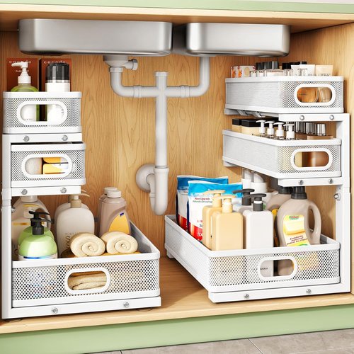 Kitstorack Under Sink Organizer - 3-Tier Height Adjustable Metal Storage Shelf | 2-Pack for Kitchen & Bathroom