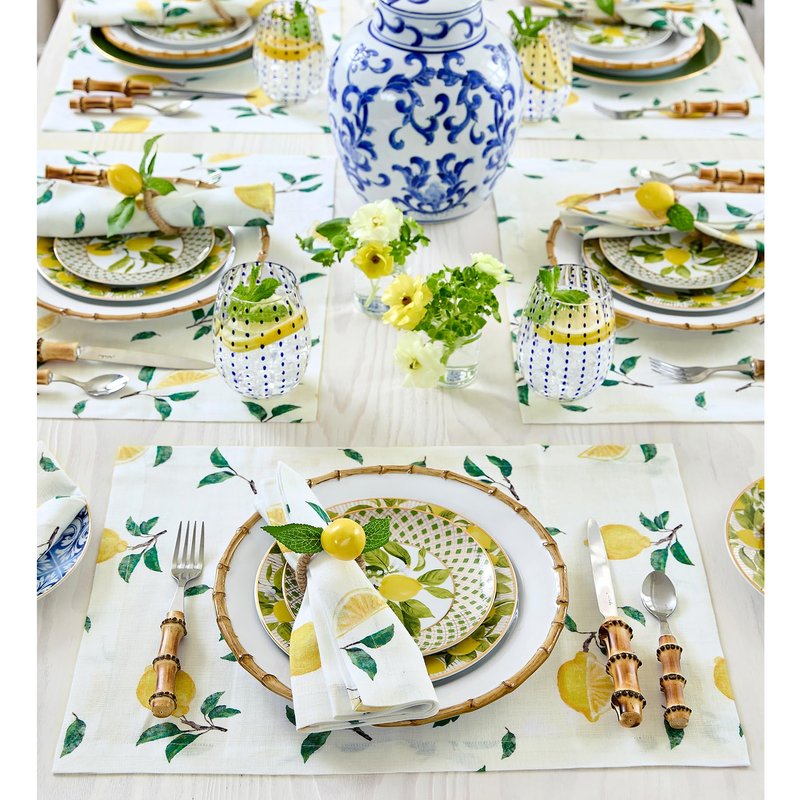 Solino Home Lemon Print Placemats 14 x 19 Inch - 100% Pure Linen Tablemats Set of 4 - Printed Linen Placemats for Spring, Summer, Mothers Day - Botanical Lemon/Off White Print