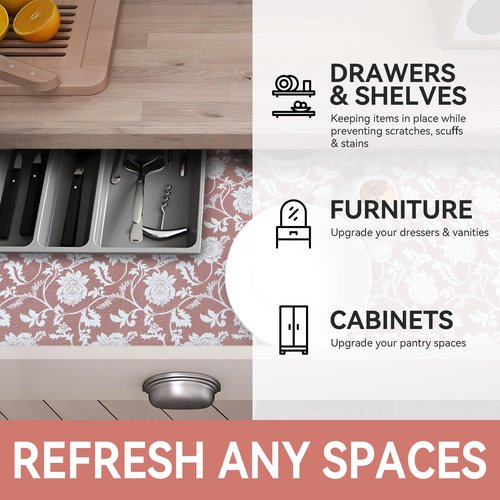 RAY STAR Shelf Liner, Non Adhesive Pink Floral Kitchen Cabinet Liner for Pantry Drawer Vanity, Strong Grip Non Slip, Shelf Liners for Kitchen Cabinets Cupboard 18 Inch x 8 FT (4 Rolls)