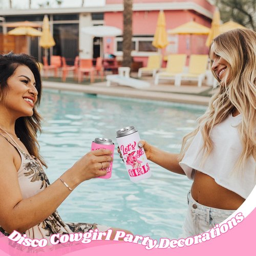 libfrnt 12 PCS Cowgirl Disco Can Cooler Bachelorette Cowgirl Can Sleeves Let's Go Girls Beer Beverage Drink Holder for Bridal Shower Birthday Cowgirl Party Supplies, Pink, White, Rose red