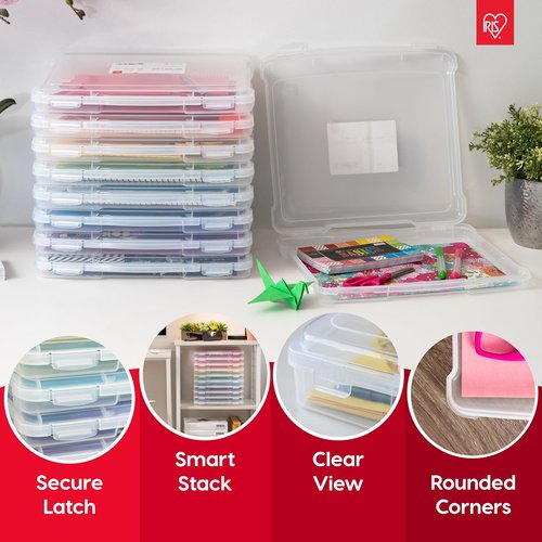 IRIS USA Board Game Storage Organizer - Snap-Tight Latch Lid, 6-Pack Portable Plastic Case for Puzzles & Art Supplies - Fits 8.5" x 11" & A4 Papers