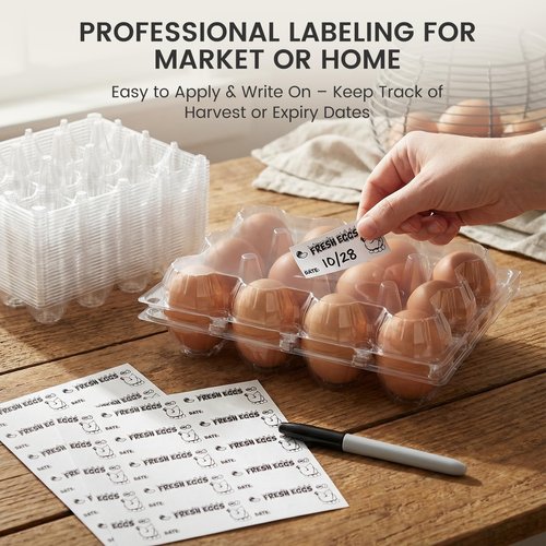LOVEINUSA 100 PCS 12 Count Plastic Egg Cartons, with 105PCS Date Labels, Bulk Clear Reusable Egg Holder for Fresh Medium Eggs Storage, Suitable for Farms, Families, Markets Display