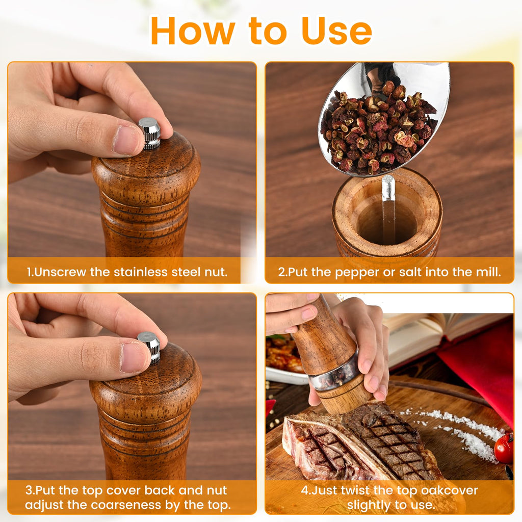 Salt and Pepper Grinder Set, Pepper Grinder，Salt Grinder，Pepper Mill，6 inch Refillable Grinder for Black Pepper，Wooden Salt and Pepper Shakers Set