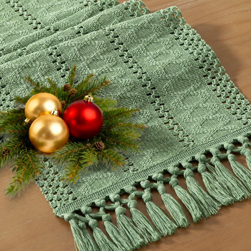 Socomi Sage Green Boho Table Runner - Rustic Macrame Woven Cotton Linen Decor | 12x60 Inch for Spring Dining