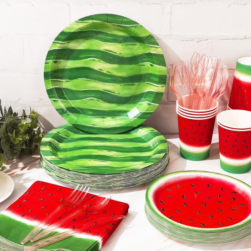 FYSUIMU Watermelon Party Supplies Kit Summer One in a Melon Tableware Set Disposable Paper Plates Cups Napkins Forks Knives Spoons for 25 Guests Birthday Baby Shower