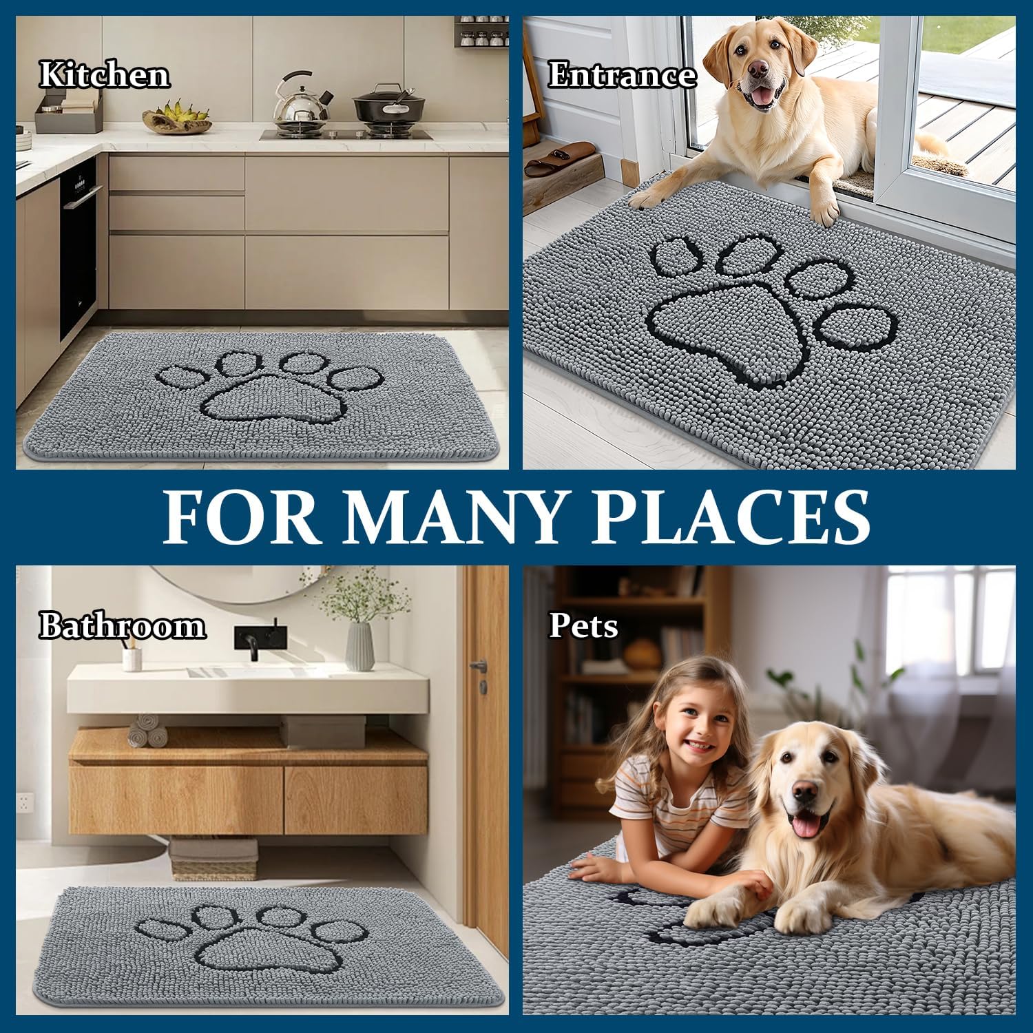 OLANLY Dog Door Mat - Absorbent Non-Slip Mud Mat for Muddy Paws | 47x24 Inches, Grey Paw Print Design