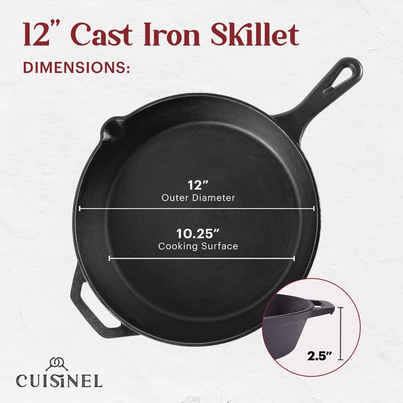 Cast Iron Skillet + Grill Press + Scraper Set - 12"-inch Pre-Seasoned Frying Pan + Silicone Handle Grip - 7" Round Burger Smasher - Indoor/Outdoor, Stove, Oven, Grill, Induction Kitchen Cookware