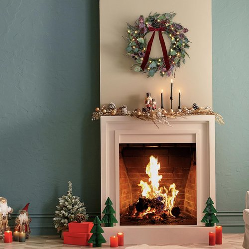 24 Inch Pre-Lit Artificial Christmas Wreath for Front Door Welcome - Realistic Frosted Eucalyptus Black Berries Red Velvet Bow - 50 LED Battery Operated Timer for Indoor Outdoor Modern Farmhouse