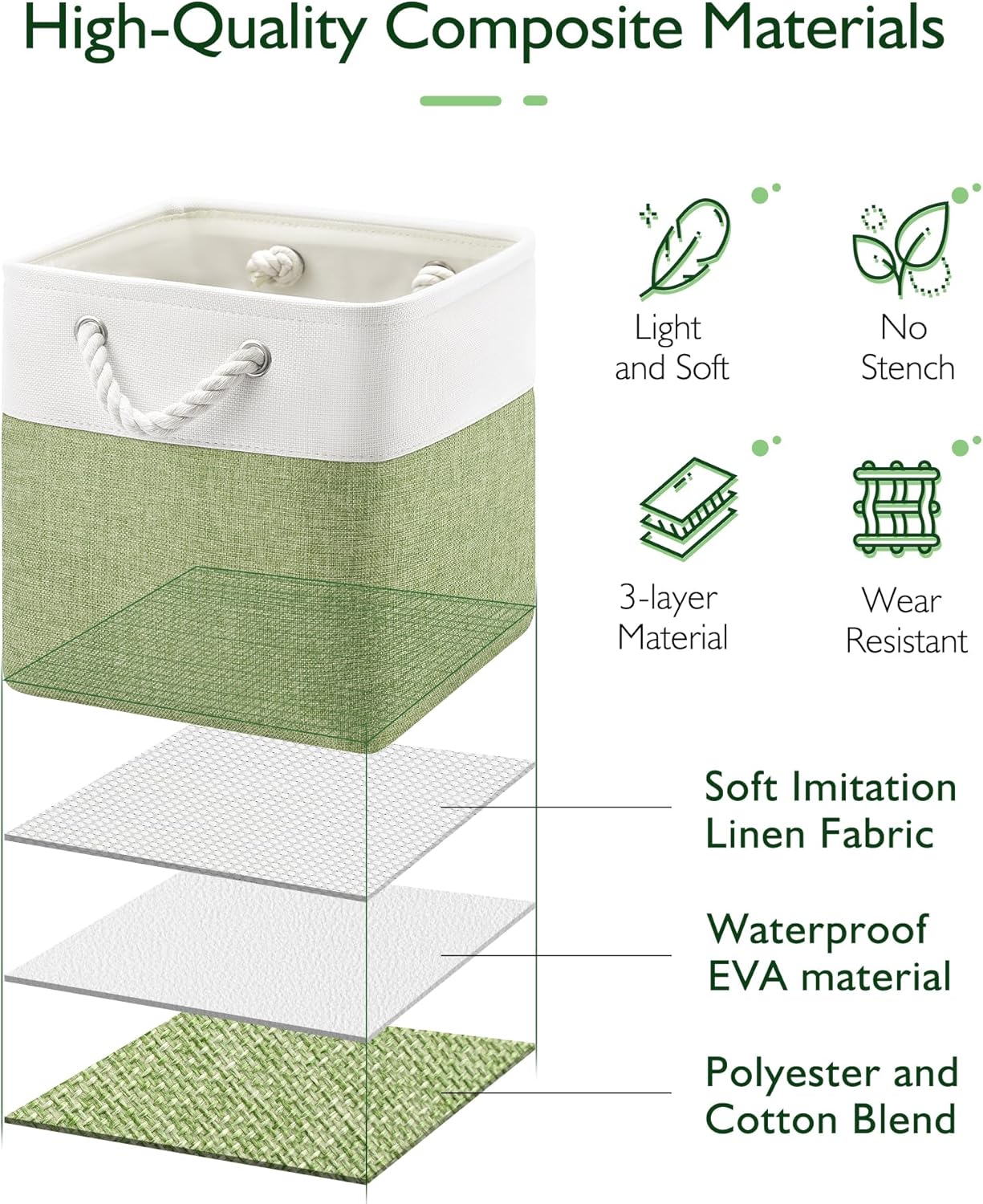 Patvingot 11-Inch Cube Storage Bins - 6 Pack Fabric Organizer Baskets with Rope Handles | White/Green