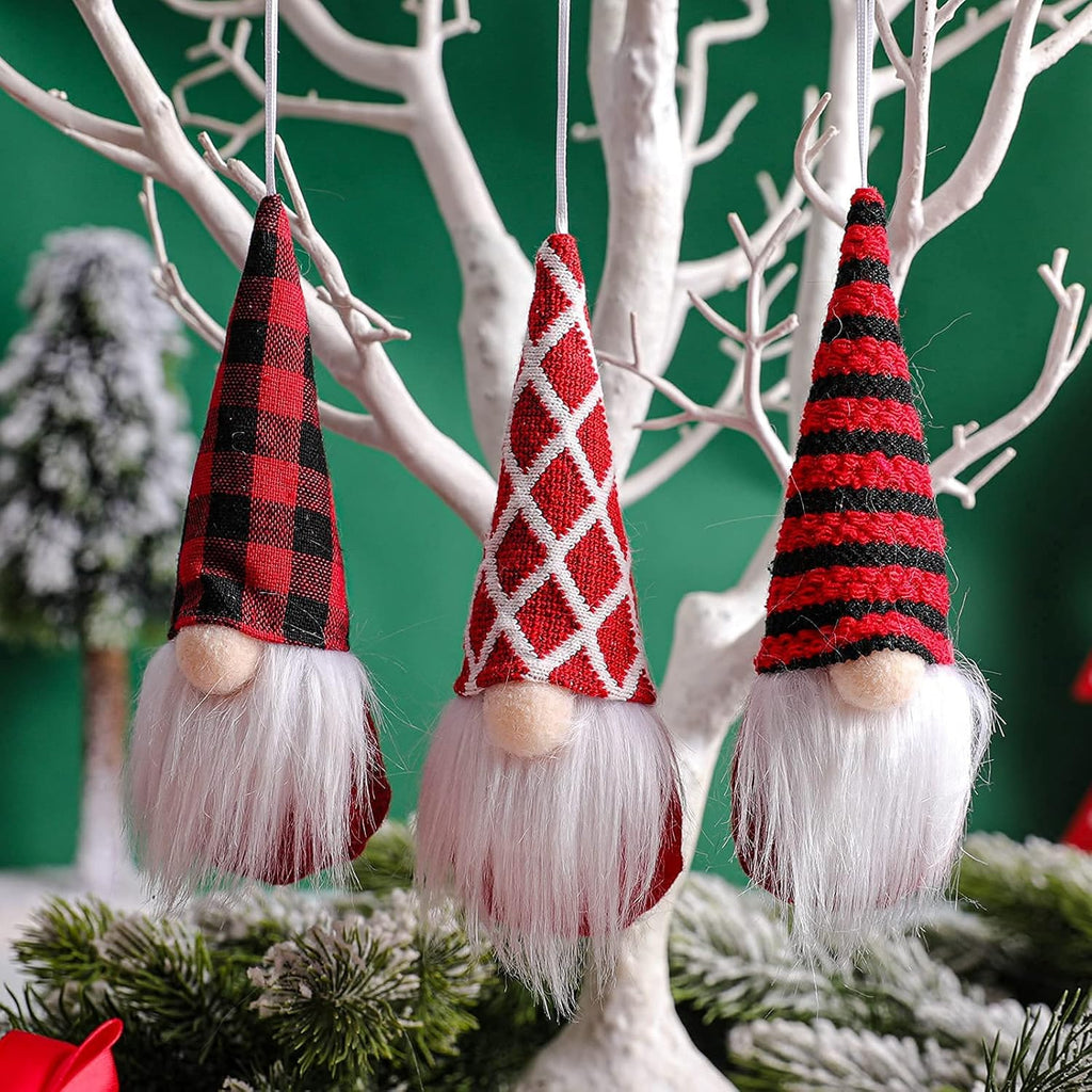 Tomte Gnome Christmas Ornaments Set of 3 - Plush Decorative Hanging Ornaments for Trees | Red