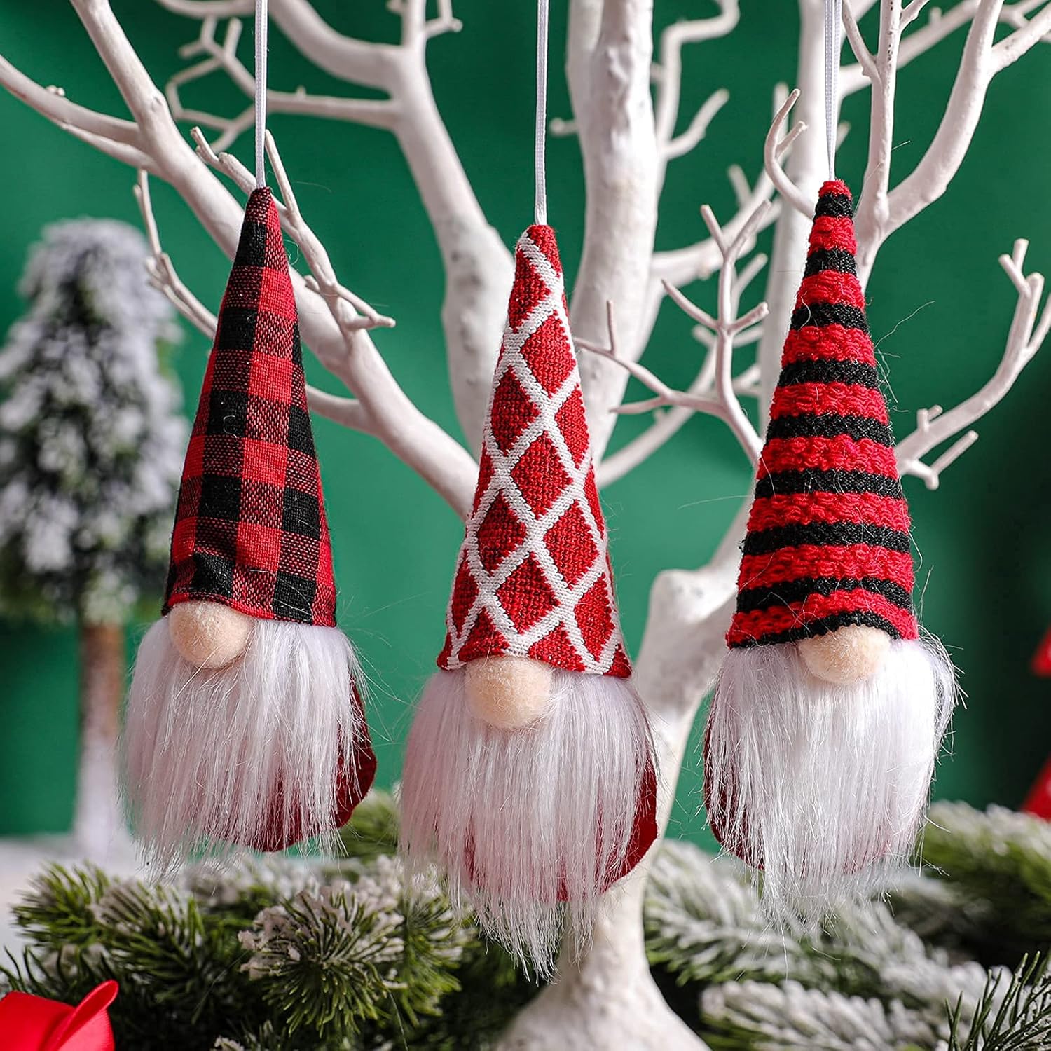Tomte Gnome Christmas Ornaments Set of 3 - Plush Decorative Hanging Ornaments for Trees | Red